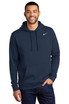 A navy blue Nike Club Fleece pullover hoodie with a front pocket and a logo on the chest. A navy blue Nike Club Fleece pullover hoodie with a front pocket and a logo on the chest.