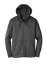 A grey Nike Therma-FIT full-zip fleece hoodie with a hood and front pockets, featuring a logo on the sleeve.