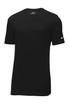 A black Nike Dri-FIT Cotton/Poly T-shirt with short sleeves and a logo on the sleeve. A black Nike Dri-FIT Cotton/Poly T-shirt with short sleeves and a logo on the sleeve.