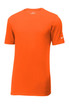 An orange Nike Dri-FIT cotton/polyester t-shirt with a small logo on the sleeve. An orange Nike Dri-FIT cotton/polyester t-shirt with a small logo on the sleeve.
