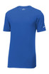 A blue Nike Dri-FIT cotton/polyester T-shirt with short sleeves and a branded logo. A blue Nike Dri-FIT cotton/polyester T-shirt with short sleeves and a branded logo.
