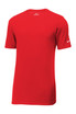 A red Nike Dri-FIT T-shirt featuring short sleeves and a logo on the arm. A red Nike Dri-FIT T-shirt featuring short sleeves and a logo on the arm.