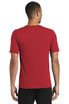 A red Nike Dri-FIT Cotton/Poly Tee featuring a logo, viewed from the back on a model. A red Nike Dri-FIT Cotton/Poly Tee featuring a logo, viewed from the back on a model.