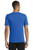 A blue Nike Dri-FIT Cotton/Poly Tee seen from the back, featuring a logo on the sleeve. A blue Nike Dri-FIT Cotton/Poly Tee seen from the back, featuring a logo on the sleeve.
