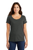 A ladies' scoop neck tee in dark grey, featuring short sleeves and a logo on the sleeve.
