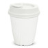 A drink bottle resembling a coffee cup, featuring a white exterior and a ribbed design with a lid.