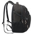 A black backpack with multiple compartments and zippers, featuring padded straps and a side pocket. A black backpack with multiple compartments and zippers, featuring padded straps and a side pocket.