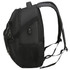 A black backpack with multiple compartments, featuring padded straps and a textured surface. It has a logo on the side.