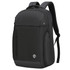 A sleek black backpack with a front zip pocket and padded shoulder straps, featuring a logo on the front.