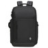 A black backpack with multiple compartments and a logo, featuring adjustable shoulder straps and a sleek design.