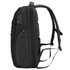 A black backpack featuring padded straps, multiple compartments, and a logo on the side.