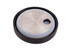 A black vacuum food pod lid with a stainless steel top and a circular shape. It features a small opening.