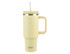 A drink bottle in soft yellow with a handle and straw, featuring a stainless steel band and a logo.