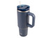 A drink bottle featuring a navy blue design, a handle, and a straw, with a logo on the side.