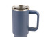 A drink bottle in navy blue with a stainless steel rim and a sturdy handle. It features a logo on the side.