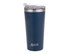 A drink bottle in navy blue with a stainless steel rim and a clear lid, featuring a logo.