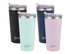 A drink bottle set featuring the Oasis 480ml Vacuum Travel Mug in black, mint, navy, and pink colours. Each has a lid and logo.