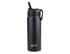 A drink bottle in matte black with a spout and a handle, featuring a logo on the side.