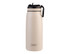 A drink bottle in a light beige colour with a black lid and a handle, featuring a logo. Ideal for hydration on the go.