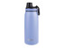 A drink bottle in a soft blue hue with a screw cap and a logo. It features a sturdy design for sports use.