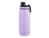 A drink bottle in a pastel purple shade with a black screw cap and a logo on the body.