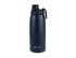 A drink bottle in navy blue with a screw cap, featuring a logo and a handle for easy carrying.