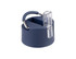 A drink bottle lid in navy blue with a clear spout and metal handle, featuring a sleek design.
