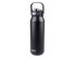 A drink bottle in matte black featuring a vacuum quick release lid and a sturdy handle. It includes a logo.