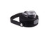 A drink bottle with a black body and clear quick-release lid, featuring a sturdy handle and button mechanism.