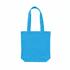 A bright blue canvas tote bag with two shoulder straps and a simple design. It features a logo on one side.