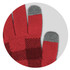 Knitted gloves in red with grey tips, featuring a textured pattern and a logo.