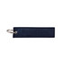 A navy woven keytag with a metal ring for attaching keys or accessories, featuring a logo.