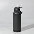 A drink bottle in dark grey, featuring a straw and a carrying handle. It has a simple logo on the side.