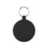 A circular black keyring with a metal clip, featuring a textured design on the edge. A circular black keyring with a metal clip, featuring a textured design on the edge.