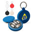A blue eco-friendly circular case containing charging cables and USB connectors, with a keyring attached.