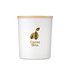 A white candle jar with a bamboo lid featuring a logo and the text "Cocoa Bliss."