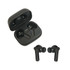 Wireless earbuds in a sleek black case, featuring a modern design with two earbuds and a branding logo.