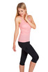 A pink women's singlet paired with black leggings, featuring a logo on the garment.