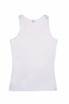 A white women's singlet featuring a classic sleeveless design and a logo on the label.