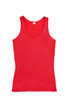 A red women's singlet featuring a scoop neck and a fitted design, with an attached logo. A red women's singlet featuring a scoop neck and a fitted design, with an attached logo.