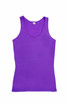 A purple women's singlet with a sleeveless design and a rounded neckline, featuring a logo.