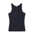 A black women's singlet with a scoop neckline and narrow shoulder straps, featuring a logo.