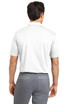 A plain white polo shirt featuring a collar and short sleeves, viewed from the back. It has a logo on the upper back.
