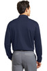 A navy long sleeve polo shirt with a collar and a branded logo on the back. The model is facing away from the camera.