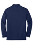 A long sleeve polo shirt in navy blue with a logo on the sleeve.