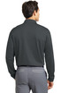 A long sleeve, dark grey Nike Dri-FIT polo shirt with a classic collar and a branded logo.