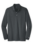 A long-sleeve grey Dri-FIT polo shirt with a collar and buttons, featuring a logo on the sleeve.