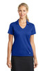 A blue Nike ladies Dri-FIT vertical mesh polo shirt featuring a collar and short sleeves. It has a logo. A blue Nike ladies Dri-FIT vertical mesh polo shirt featuring a collar and short sleeves. It has a logo.