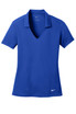 A blue Nike Ladies Dri-FIT Vertical Mesh Polo shirt with a V-neck and short sleeves, featuring a logo. A blue Nike Ladies Dri-FIT Vertical Mesh Polo shirt with a V-neck and short sleeves, featuring a logo.