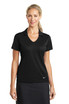 A black Nike ladies Dri-FIT vertical mesh polo shirt with a V-neck and short sleeves, featuring a logo. A black Nike ladies Dri-FIT vertical mesh polo shirt with a V-neck and short sleeves, featuring a logo.